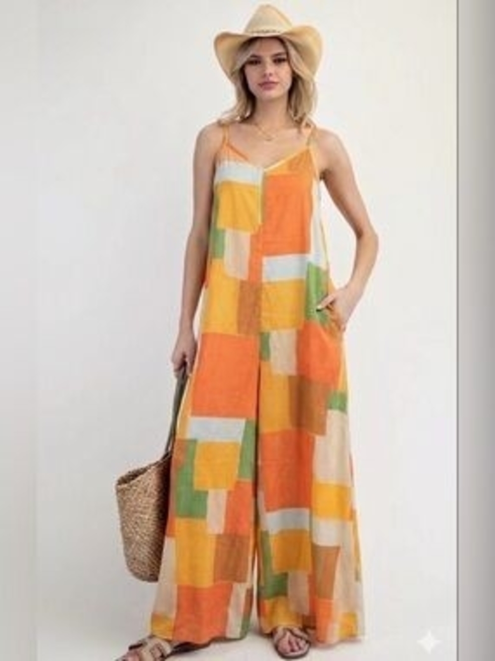 easel Orange Multi Patchwork Wide-Leg Jumpsuit